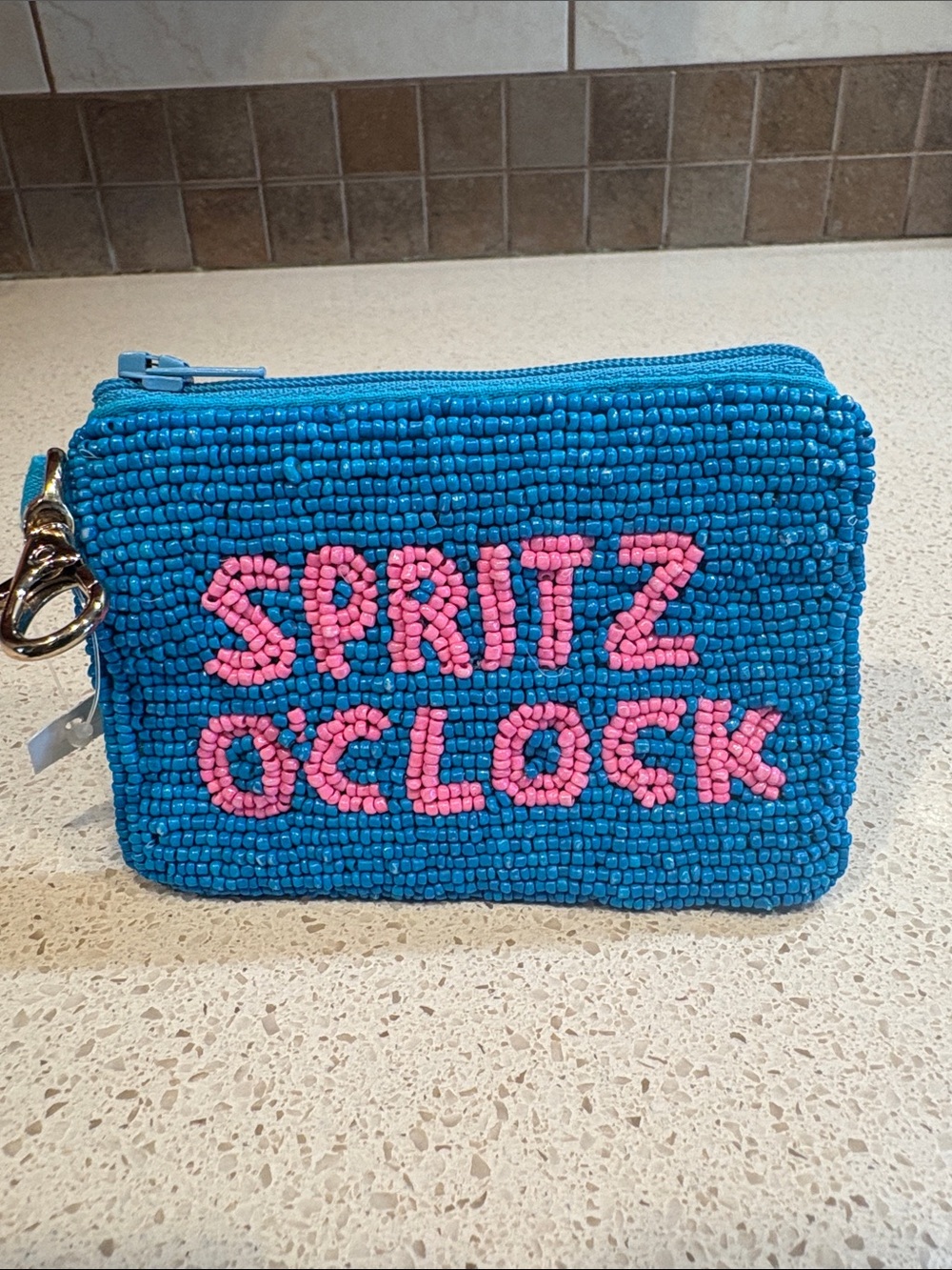 Blue Beaded 'Spritz O'Clock' Coin Pouch with Pink Lettering NWOT